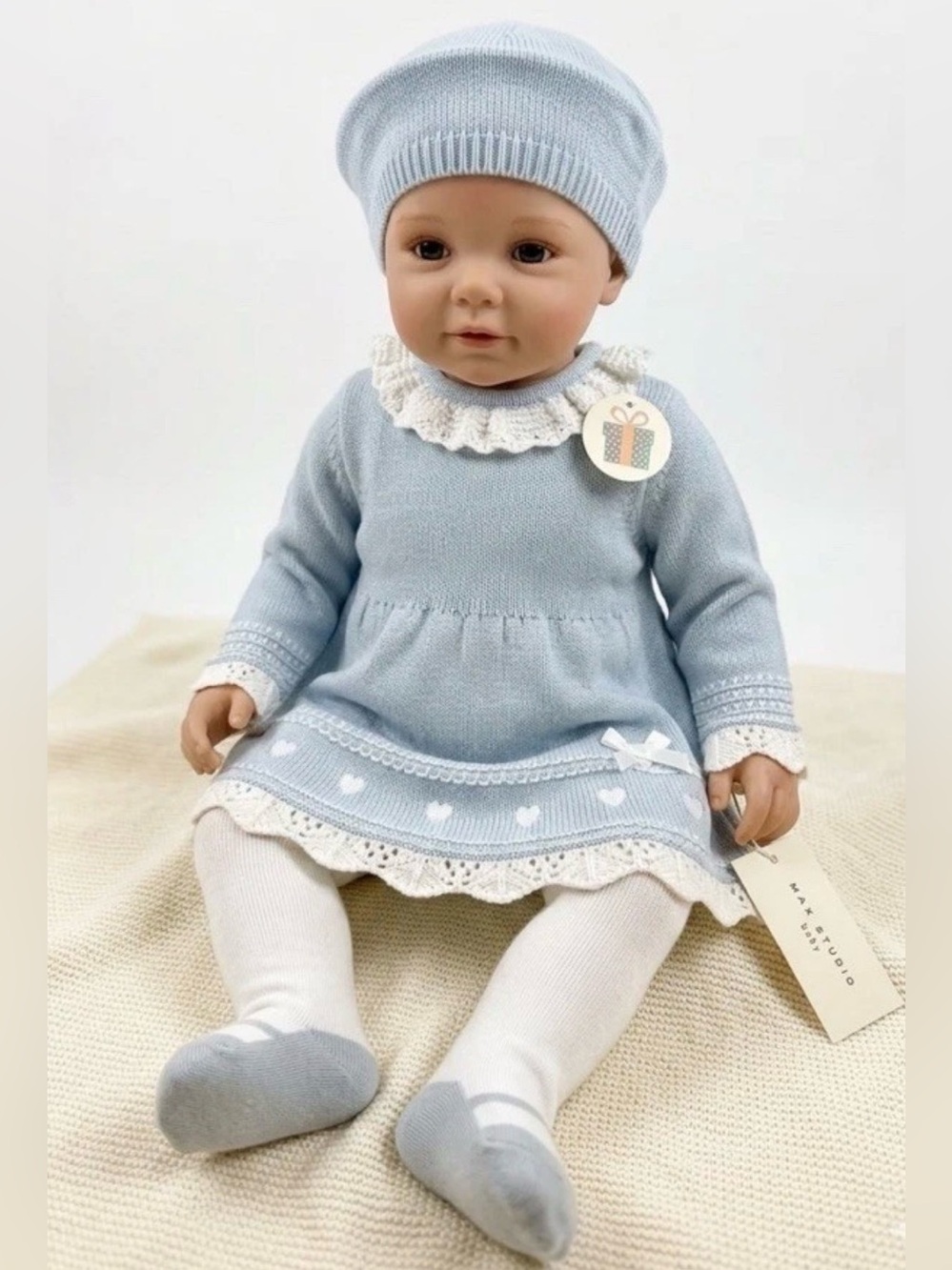 NWT MAX STUDIO Baby 3 Pc Set Sweater Dress & Tights & Beret Hat Light Blue 3-6 M